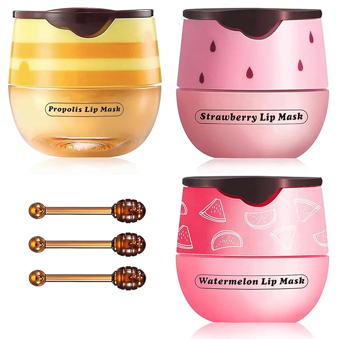 3 Packs Fruit Lip Balm, Moisturizing & Smoothing Lip, Hydrate Repair Prevent Dry Cracked Lip Sleeping Lip Mask, Effective Reduces Lip Lines Lip Care (Honey & Strawberry & Watermelon)