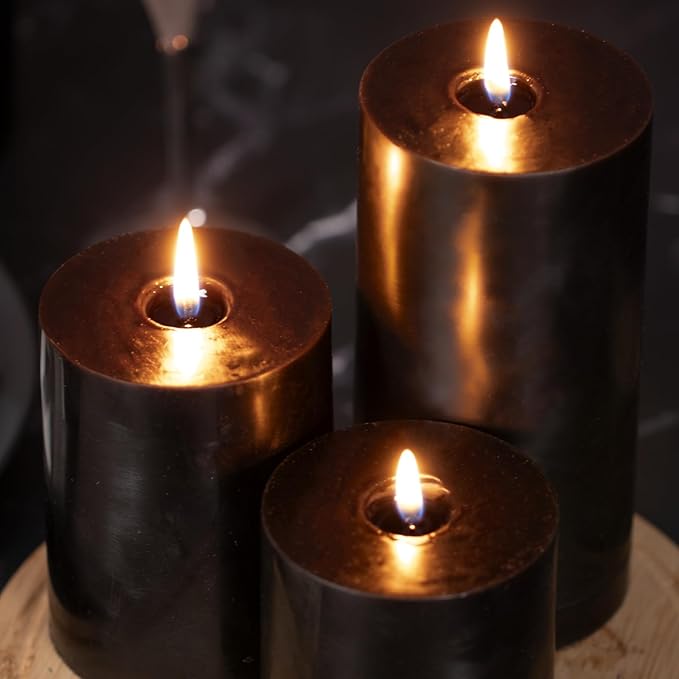 KONNI Black Pillar Candles Set of 3, 3"x 3" Unscented Pillar Candles Bulk, 30 Hours Long Burning Candles, Smokeless&Dripless Large Round Candle for Wedding, Home Decoration, Parties, Spas, Dinner