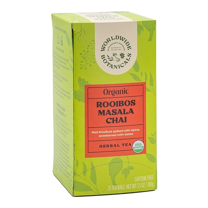 Worldwide Botanicals Rooibos Masala Chai Herbal Tea, 25 Tea Bags - Organic, Caffeine Free, Kosher, 50% More Herbs