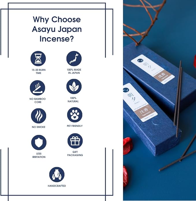 Asayu Japan Natural Low Smoke Agarwood Incense Sticks, Sample Size Japanese Incense for Evening Relaxation, Yoga, Meditation. Smokeless Incense with Less Irritation and Non-Toxic