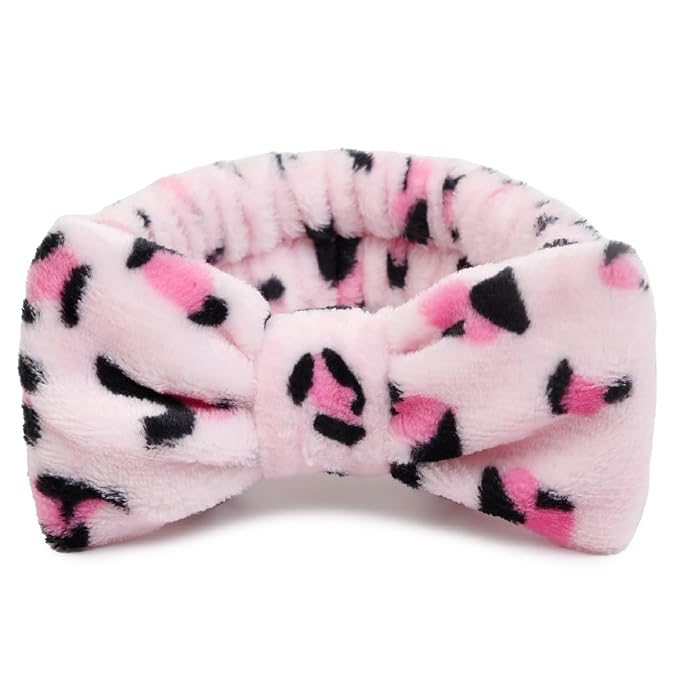 Huachi Pink Leopard Soft Microfiber Spa Headbands for Women Washing Face, Cute Skincare Headband with Bow, Face Wash Headbands for Teen Girls, Party Favors Bow Hair Band