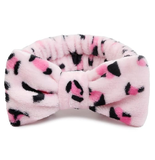 Huachi Pink Leopard Soft Microfiber Spa Headbands for Women Washing Face, Cute Skincare Headband with Bow, Face Wash Headbands for Teen Girls, Party Favors Bow Hair Band