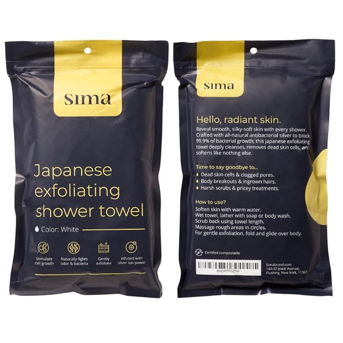 Exfoliating Washcloth Face & Body Scrub Towel - Japanese Exfoliating Towel with Hexagon Fibers, Body Scrubber with 2 Sides for Scrubbing & Washing, Extra Long (White, 2 Pack)