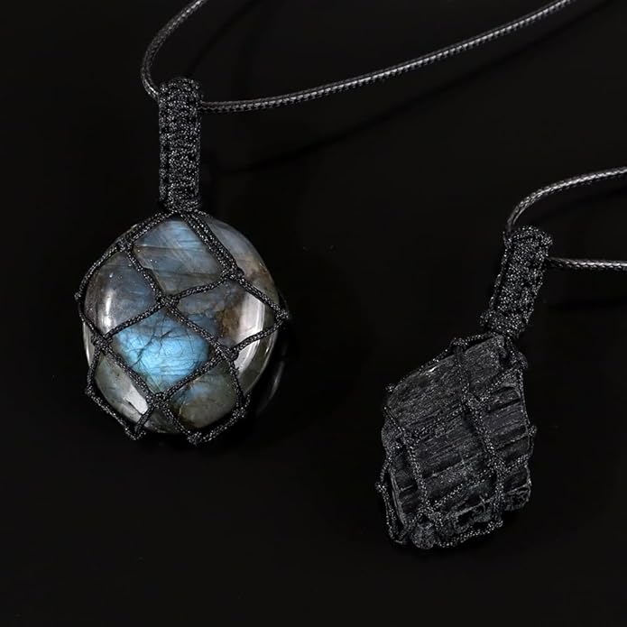 Handmade Natural Gemstone Crystal Pendant Necklace Stone Holder Necklace Cord Net Necklace with Adjustable Length for Women Men