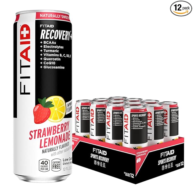 FITAID Post Workout Recovery Drink, Strawberry Lemonade, BCAAs, Glucosamine, Electrolytes, All In One Can, Paleo, Vegan & Gluten-Free, 40 Calories, 12 Fl Oz (Pack of 12)