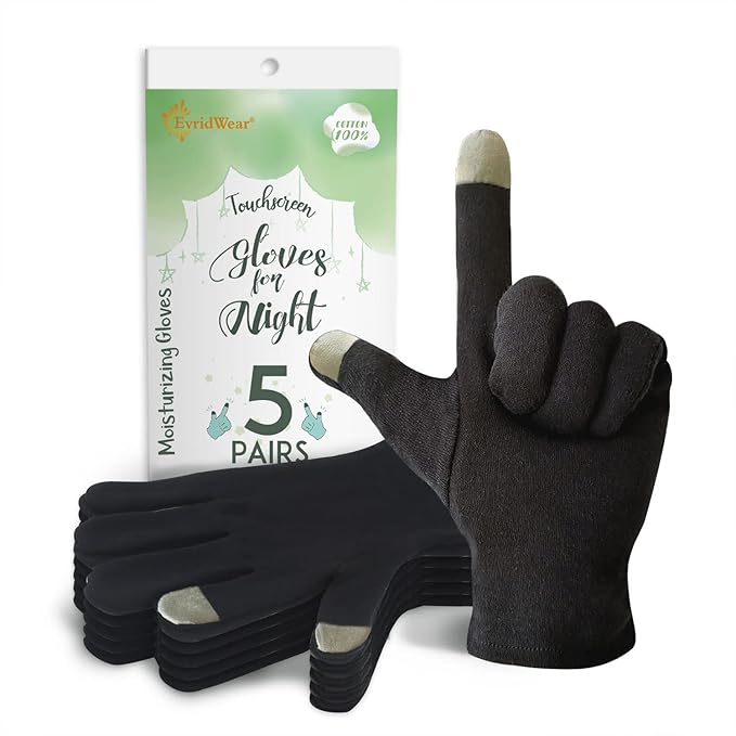 Evridwear 100% Cotton Touchscreen Moisturizing Beauty Gloves with Elastic Cuff, Natural Cosmetic Therapy Gloves for Eczema SPA Dry Hands Care Overnight (Black, Small) 5 Pairs