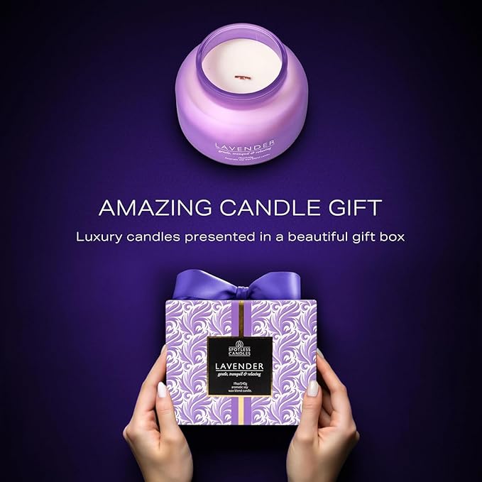 Lavender Candle 19oz Volcano Jar with Wooden Wick Upto 75 Hours Burn Time in a Large 4" x 5" Solid Purple Glass Jar in a Luxury Gold Foil Gift Box