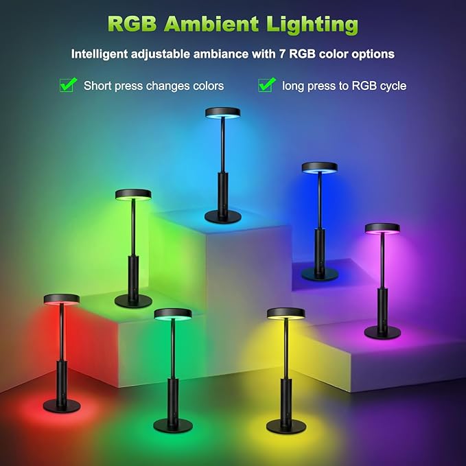 2 Pack Small Cordless Table Lamps Rechargeable,5000mAh Battery Operated Portable Desk Lamp,3 Colors & RGB Stepless Dimmable Wireless Touch Lamps for Restaurant Home Dinner Dining Patio(Black)