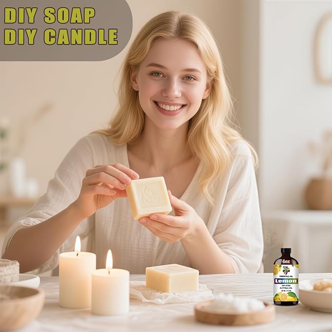 Lemon Essential Oil (4 oz/120 ml) — Lemon Oils for Aromatherapy, diffusers, humidifiers, Home fragrances, DIY Skincare, soap Making, DIY Candle, Relaxation, Yoga, and Meditation
