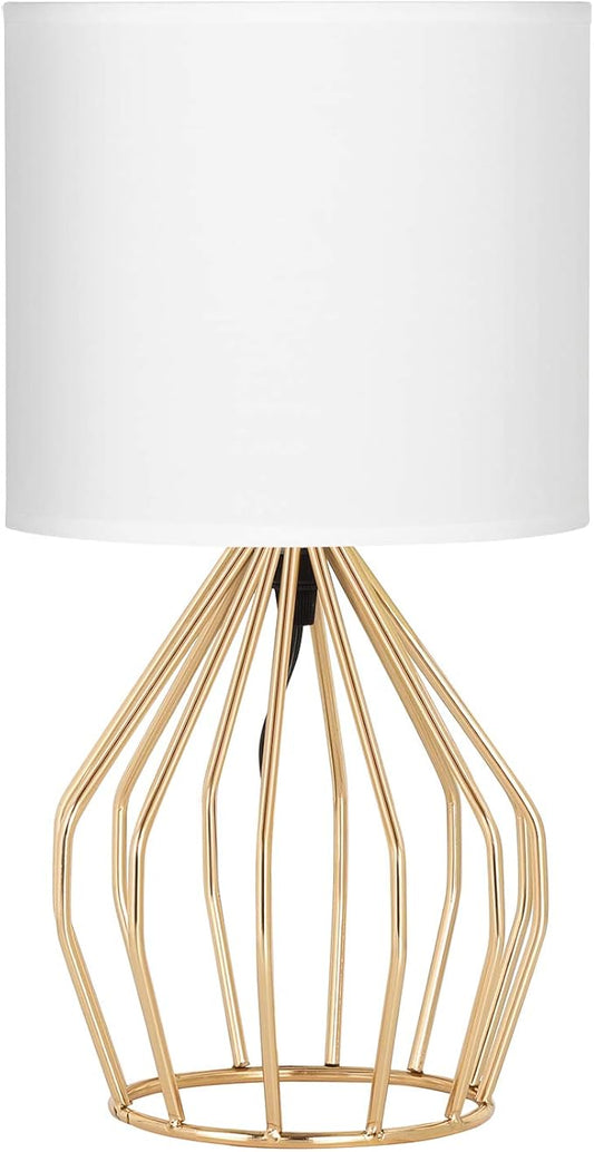 HAITRAL Gold Table Lamp - Modern Style Desk Lamp with Hollowed Out Base Linen Fabric Shade, Small Golden Bedside Lamp for Bedrooms, Living Room