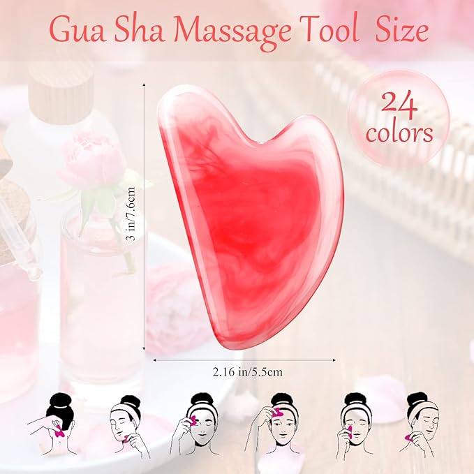 Sherr 24 Pcs Gua Sha Facial Tool Resin Gua Sha Massage Tool Heart Shaped Gua Sha Stone Guasha Board for Face Body Skin Massage Spa Acupuncture Prevent Wrinkles (Multi Colors)