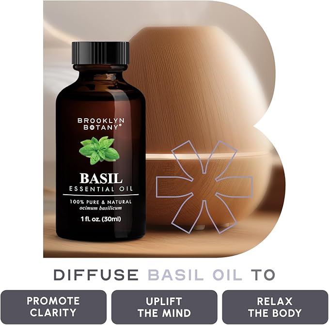 Brooklyn Botany Basil Essential Oil - 100% Pure and Natural - Premium Grade Oil with Dropper - for Aromatherapy and Diffuser - 1 Fl Oz