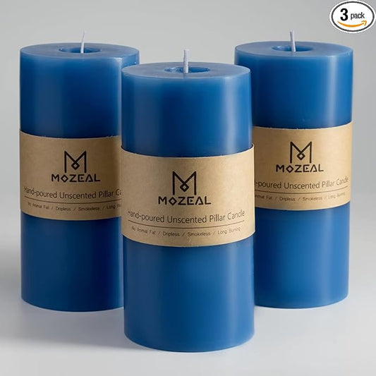 MOZEAL 3" x 6" Hand-Poured Unscented Candle,Dripless Pillar Candle Set of 3,Long Lasting Burning,Approx 120 Hours Burn Time,Rustic Country Style,for Wedding,Dinner,Christmas and Home Decor,Blue