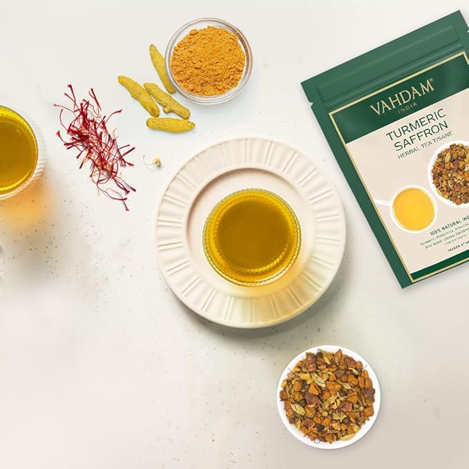 VAHDAM, Turmeric Saffron Herbal Tea Loose Leaf 100g (50 Cups, 3.5oz) Blend Of Turmeric Tea, Saffron Tea & Fresh Spices | Whole Loose-Leaf Tisane | Vacuum Sealed for Freshness