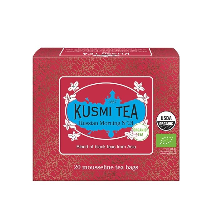 Kusmi Tea - Russian Morning No.24 - Organic Black Tea - Blend of Asian Black Teas - Grand Yunnan, Ceylon & Assam - Smooth, Flavourful, Caffeinated Tea - 20 Tea Bags