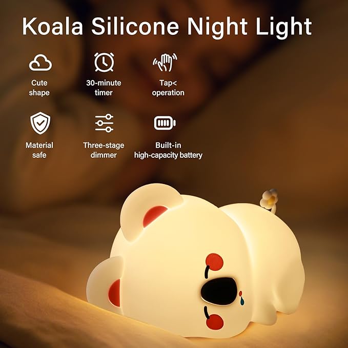 Cute Koala Night Light - Silicone 3-Level Dimmable Nursery Lamp with Timer, Rechargeable Touch Pat Light for Infants & Kids, Safe Breastfeeding Nightlight - Birthday & Baby Gift