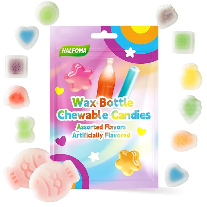 Halfoma Chewy Wax Bottle Candy with 2 Giant Fish - 20-Piece Assorted Fruit Flavors Chew Treats for Kids, Party Favors, Classroom Supplies,6.3oz