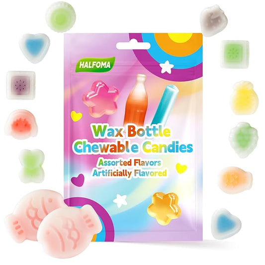 Halfoma Chewy Wax Bottle Candy with 2 Giant Fish - 20-Piece Assorted Fruit Flavors Chew Treats for Kids, Party Favors, Classroom Supplies,6.3oz