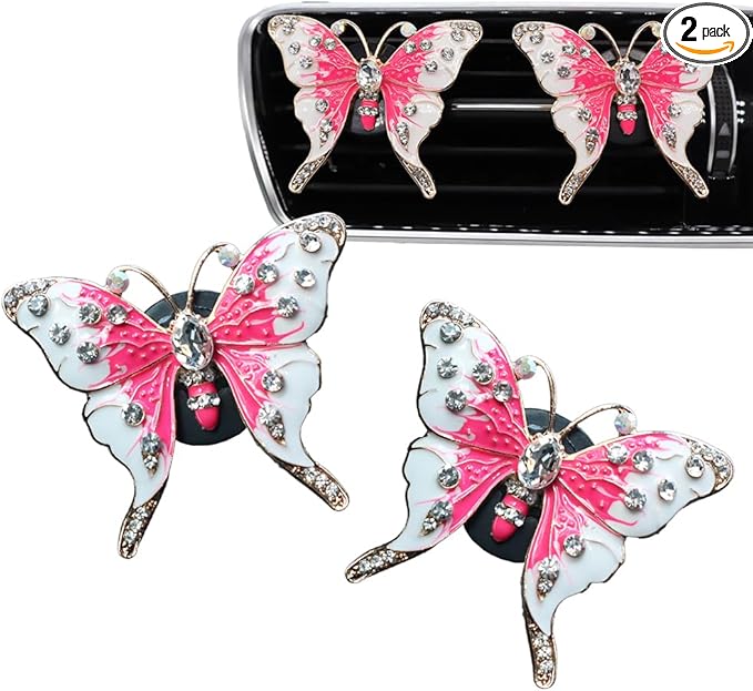 2pcs Pink Butterfly Car Air Freshener Vent Clips Bling Car Accessories for Women Refillable Diffusers