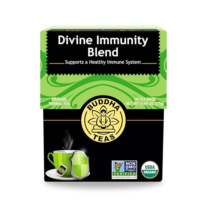 Buddha Teas - Organic Divine Immunity Blend - Herbal Tea - For Health & Wellbeing - With Antioxidants & Minerals - Clean Ingredients - Caffeine Free - OU Kosher & Non-GMO - 18 Tea Bags (Pack of 1)