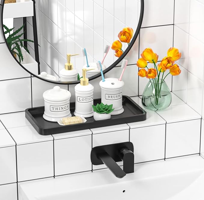 Bathroom Vanity Tray for Countertop - Bamboo Organizer Tray for Dresser Tops, Toilet, Perfume Small Decorative Wood Tray for Home Decoration 11.4” L x 6.1” W x 0.7” H (Black)