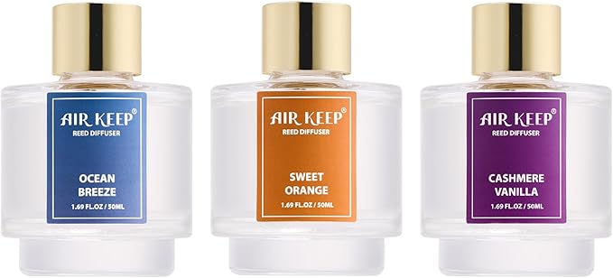 Airkeep Reed Diffuser Set of 3, Ocean Breeze Sweet Orange Cashmere Vanilla Oil Reed Diffusers for Bedroom Living Room Office Aromatherapy Oil Reed Diffuser for Gift 50ml x 3