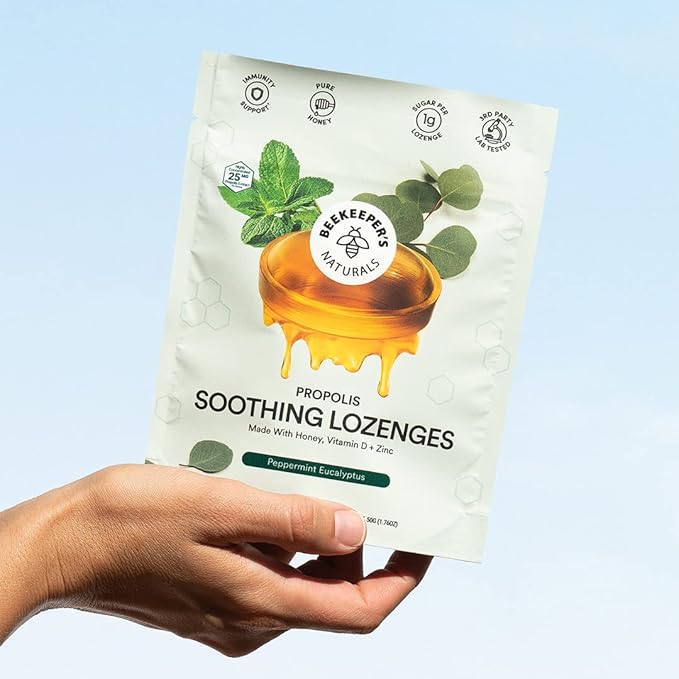 Beekeeper's Naturals Soothing Mint Eucalyptus Cough Drops, Immune Support with Vitamin D, Zinc and Propolis, Cooling & Throat Soothing Lozenges, 14 Ct