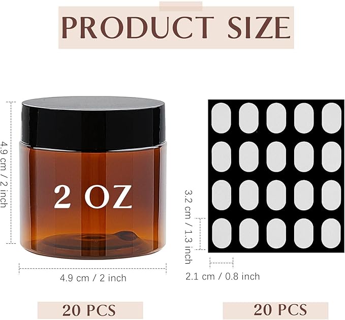 20 Pack 2 oz Amber Plastic Jars with Lids and Labels, Empty Salve Containers Refillable Cosmetic Jars for Creams, Lotion, Body Scrubs