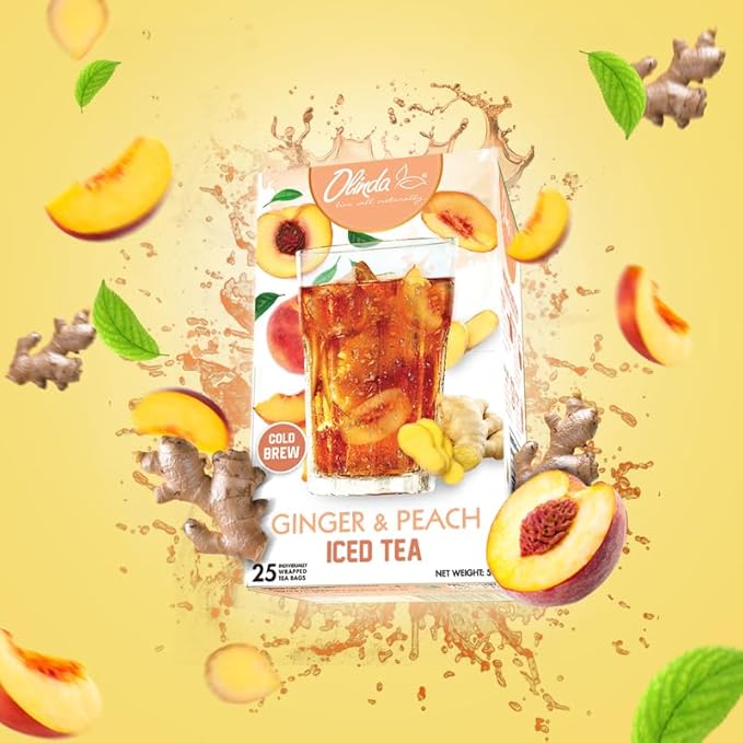 Olinda Herbal Ginger Peach Green Tea Organic Cold Brew & Hot Brew Bags Refreshing Fruity Antioxidant Drink