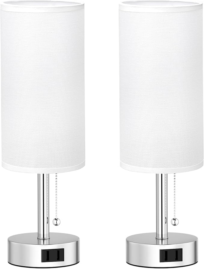 Fenmzee White Silver Bedside Table Lamps Set of 2-3 Color Temperatures Pull Chain Lamp with AC Outlet Charging Port, Two Round Night Stand Lamps for Bedroom, Small Bed Side Light with E26 LED Bulbs