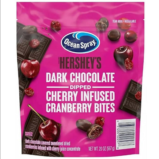 Hershys Ocean Spray 20oz 1 packs - Dark Chocolate Candy Dipped Cherry Infused Cranberry Bites, Chocolate Covered Cherries - Dark Chocolate Covered Sweetened Dried Cranberries