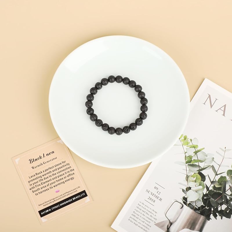 AD Beads Handmade Gemstone Stretch Elastic Bracelet Crystal Healing Reiki Nature's Beauty and Spiritual Essence Unisex (4mm, Black Lava (Warmth Generator))