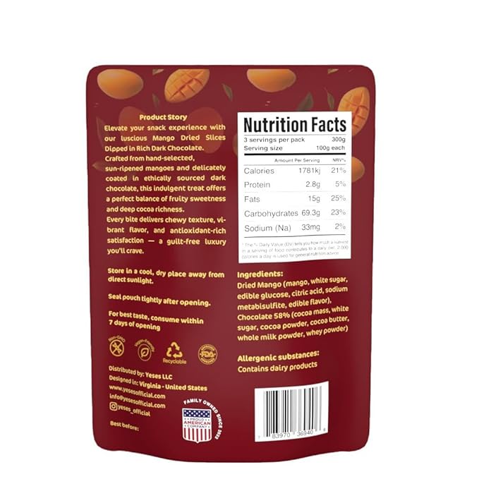 Mango Slices Dipped in Dark Chocolate Dringo Yeses – Premium Dried Mango Snack, Non-GMO, Vegan, Kosher, All-Natural, No Additives, 10.58 oz (300g) Resealable Bag (1 Pack)