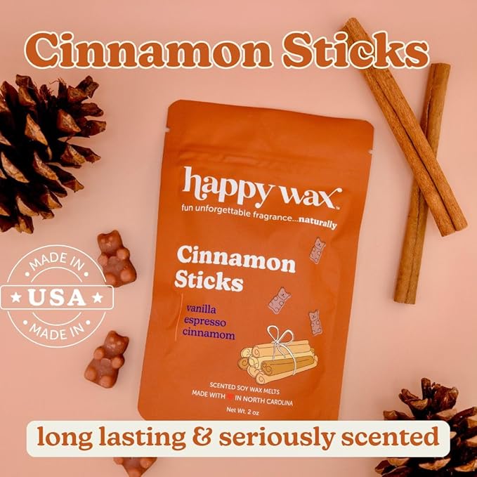 Happy Wax Cinnamon Sticks Scented Bear Wax Melts - Natural Strong Fall Scented Infused with Essential Oils - Non Toxic - for use with Warmers (8 oz Pouch)