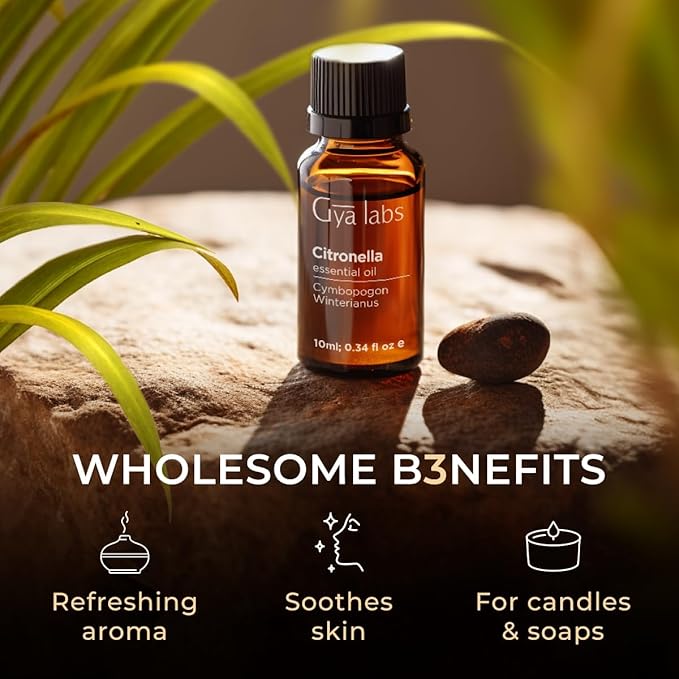 Gya Labs Citronella Essential Oil - 0.34 Fl Oz - for Hair, Skin, Diffuser, Aromatherapy & DIY Candle Making Scent
