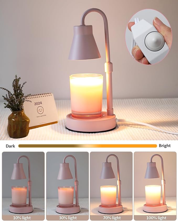 Candle Warmer Lamp with Adjustable Height, Stepless Dimming Function-Home Decor Lamp, Metal Candle Lamps for Jar Candles, No Flame Scented Candle Warmers with 2 Bulbs (Pink)