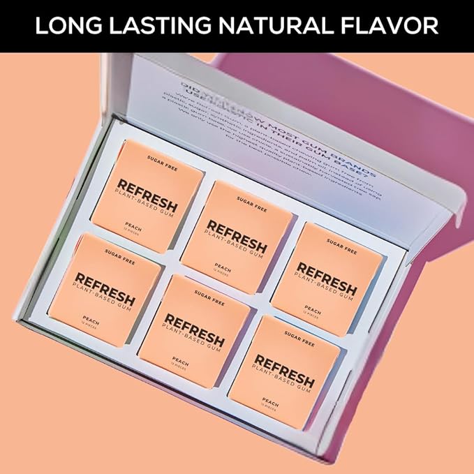 Refresh Gum, Xylitol, Natural, Sugar Free, Plastic Free, Natural Flavors & Organic Ingredients, Plant-Based, Low Calorie, Non GMO, Gluten Free, Vegan, Peach Flavor, 12 Pieces, 12 Pack
