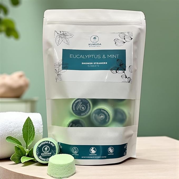 Kumuda Essentials Shower Steamers Pack of 15 Eucalyptus and Mint Aromatherapy Tablets Gift for Women, Birthday, Anniversary (30g Each)