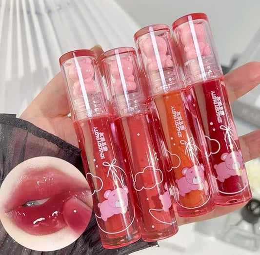 4Pcs Bear Lip Glaze Jelly Lipgloss,Liquid Lipstick Cute Bear Lipgloss Moisturizing Lip Stain Plumping Water Lip Gloss,Waterproof Juicy Lasting Tint Lip Gloss Set,Vivid Color,Glossy Finish