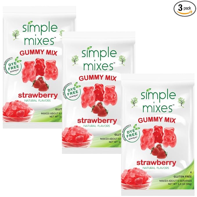 Simple Mixes Natural Gummy Mix, Healthy Snack, Dye-Free, No Gluten or Fat, Kosher, (3 Pack, Strawberry)