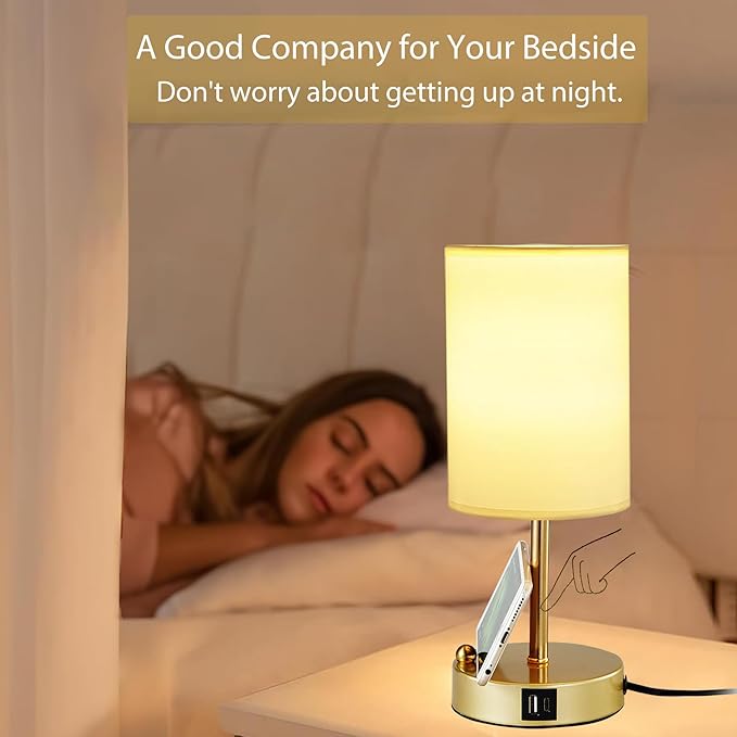 Briever Touch Control Table Lamp for Bedroom, 3-Way Dimmable Nightstand Lamp with USB Charging Ports, Bedside Desk Lamp with Gold Phone Stand & Round Linen Fabric Shade, Bulb Included