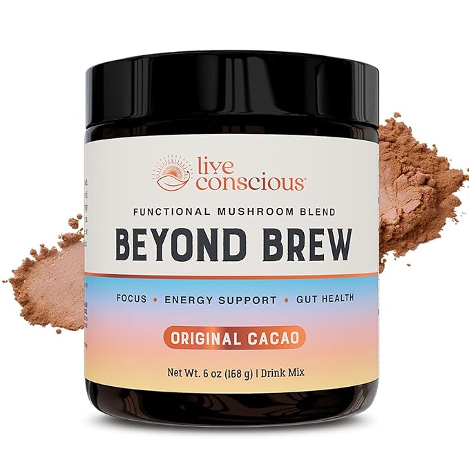 Live Conscious Beyond Brew - Coffee Alternative - Low Caffeine - Mushroom Complex w/Lion’s Mane, Reishi, Cordyceps & Chaga for Sustained Focus, Energy & Immunity - w/Prebiotics & Probiotics - 30
