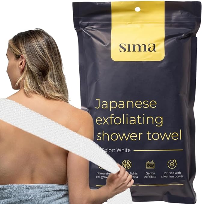 Exfoliating Washcloth Face & Body Scrub Towel - Japanese Exfoliating Towel with Hexagon Fibers, Body Scrubber with 2 Sides for Scrubbing & Washing, Extra Long Body Towel (White)