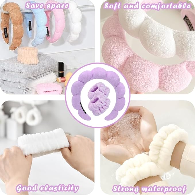Spa Headbands for Washing Face Wristband Set Sponge Makeup Skincare Headband Wrist Towels Bubble Soft Terry Towel Cloth Hairband for Women Puffy Headwear Non Slip Thick Thin Hair Headwear (Purple)