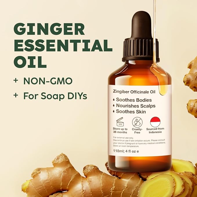 KUKKA Ginger Essential Oils - 4 Fl Oz - for Hair, Skin, Diffuser, Aromatherapy & DIY Soap Making Scent