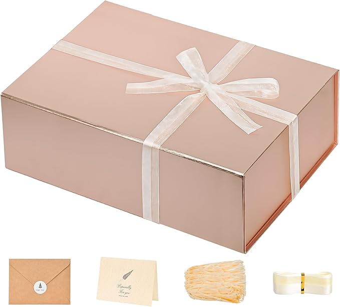 LIFELUM Gift Box for Presents 13.85'' x 8.35'' x 4.45'' Rose Gold Luxury Gift Box with Magnetic Lid Gift Boxes Contains Card, Ribbon, Shredded Paper Filler Gifts for Women (1Pcs)