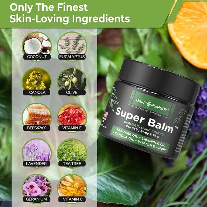 DAILY REMEDY Tea Tree Oil Extra Strength Super Balm - Athletes Foot Cream Combats Ringworm, Jock Itch, Nail Issues - Nourishes Cracked Itchy Skin on Body & Feet - Made in USA (2 Pack)
