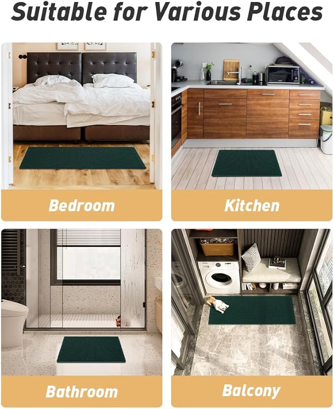 AMOAMI Upgraded Waffle Bath Mat, Super Absorbent Non Slip Bath Mats for Bathroom Floor, Machine Washable Bathroom Rugs with Tassels, Rubber Backed Bathroom Mats, Ultra Soft, 18" x 30", Dark Green