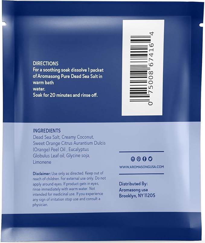 Aromasong Pure Dead Sea Salt 100% Natural Coconut Essential Oil – 2.5 oz. Spa Bath Salt Fine Grain- Christmas Stocking Stuffers for Adults, Kids, Women, and Mens soak Stocking Stuffers for Adults