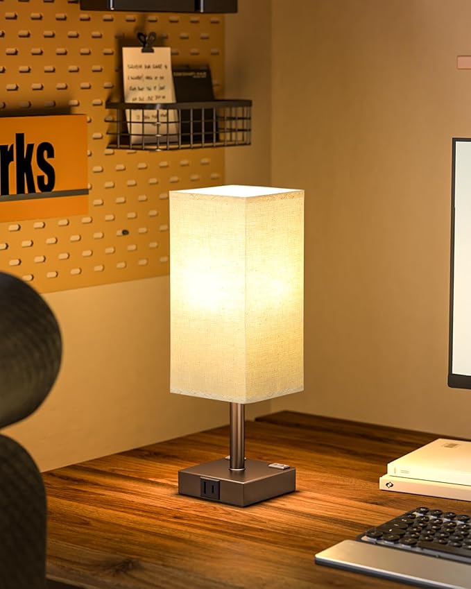Brown Touch Table Lamp - Bedside Lamp with USB A + Type C Charging Ports and Two AC Outlets, Small Night Stand with E26 LED Bulb, Desk Light for Bedroom Living Room Office Dorm